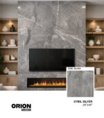 The SYBIL SILVER Porcelain Tile features a sleek stone-look design with soft silver and gray tones and subtle natural movement.