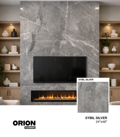 The SYBIL SILVER Porcelain Tile features a sleek stone-look design with soft silver and gray tones and subtle natural movement.