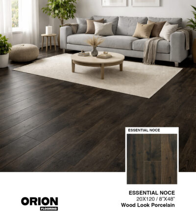 Shop Essential Noce wood look porcelain tile flooring. Waterproof, durable, and perfect for kitchen, bathroom, and living room spaces.