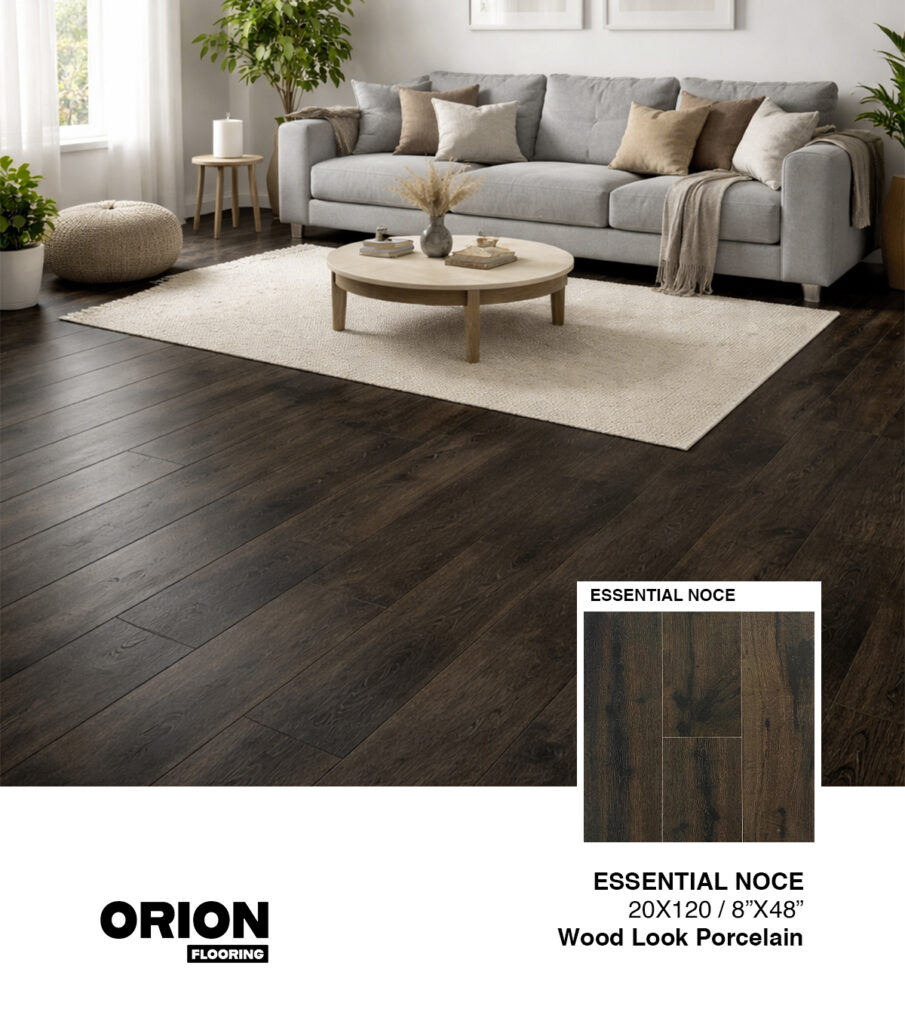 Shop Essential Noce wood look porcelain tile flooring. Waterproof, durable, and perfect for kitchen, bathroom, and living room spaces.