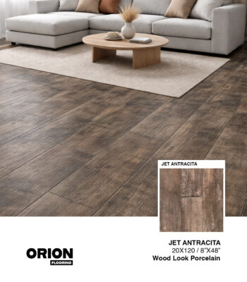 Shop Jet Antracita wood look porcelain tile flooring. Waterproof, durable, and perfect for kitchen, bathroom, and living room spaces.