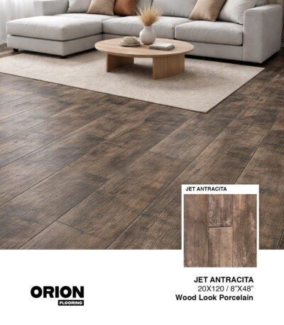 Shop Jet Antracita wood look porcelain tile flooring. Waterproof, durable, and perfect for kitchen, bathroom, and living room spaces.
