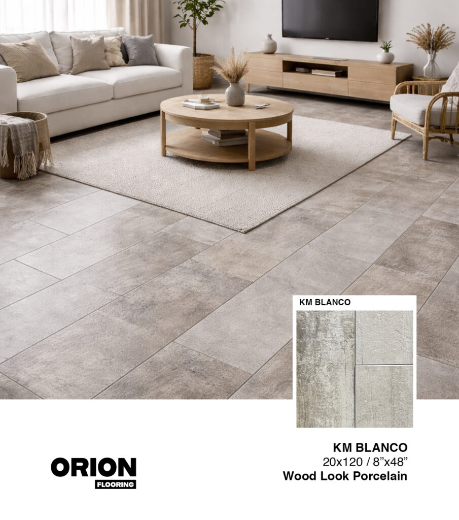 Shop KM Blanco wood look porcelain tile flooring. Waterproof, durable, and perfect for kitchen, bathroom, and living room spaces.