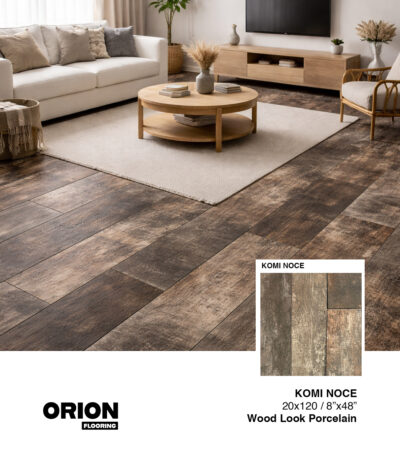 Shop Komi Noce wood look porcelain tile flooring. Waterproof, durable, and perfect for kitchen, bathroom, and living room spaces.