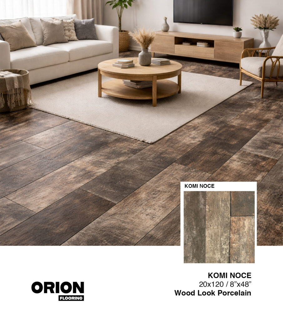 Shop Komi Noce wood look porcelain tile flooring. Waterproof, durable, and perfect for kitchen, bathroom, and living room spaces.