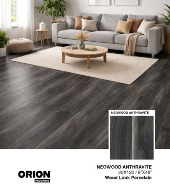 Neowood Anthracite wood look porcelain tile offers a deep charcoal wood style with waterproof, durable performance.