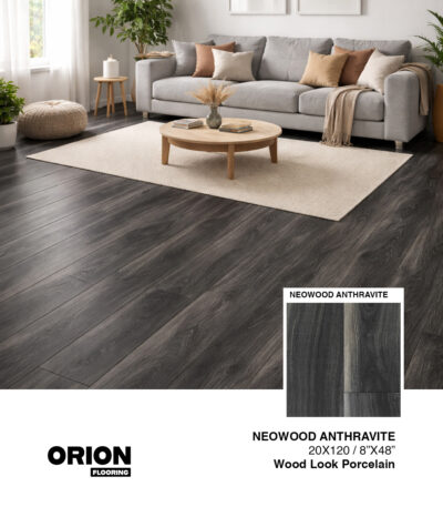 Neowood Anthracite wood look porcelain tile offers a deep charcoal wood style with waterproof, durable performance.