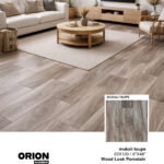 Shop Mukali Taupe wood look porcelain tile flooring. Waterproof, durable, and perfect for kitchen, bathroom, and living room spaces.