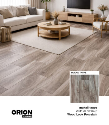 Shop Mukali Taupe wood look porcelain tile flooring. Waterproof, durable, and perfect for kitchen, bathroom, and living room spaces.