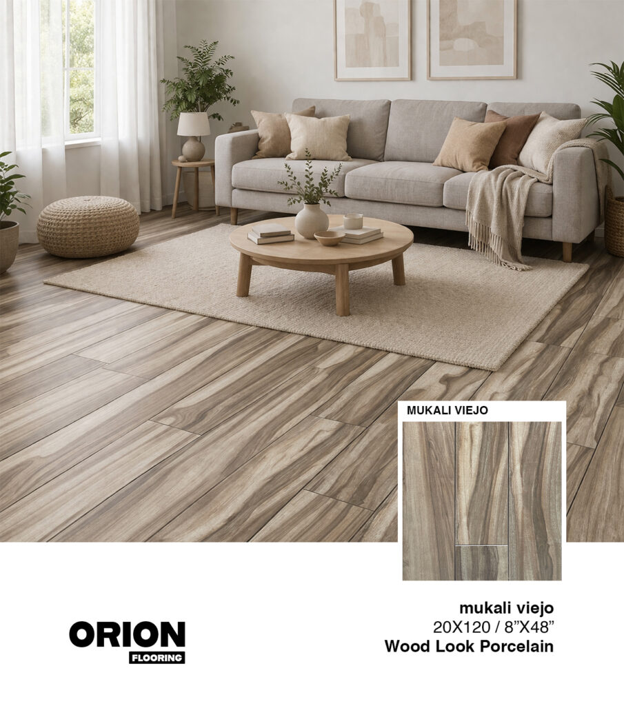 Shop Mukali Viejo wood look porcelain tile flooring. Waterproof, durable, and perfect for kitchen, bathroom, and living room spaces.